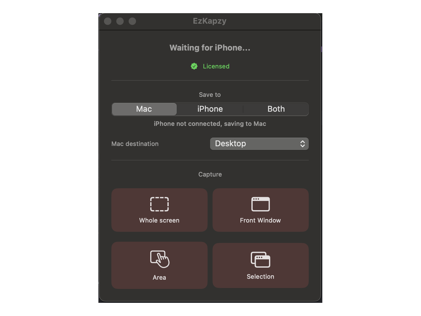 EzKapzy panel on Mac showing four capture modes